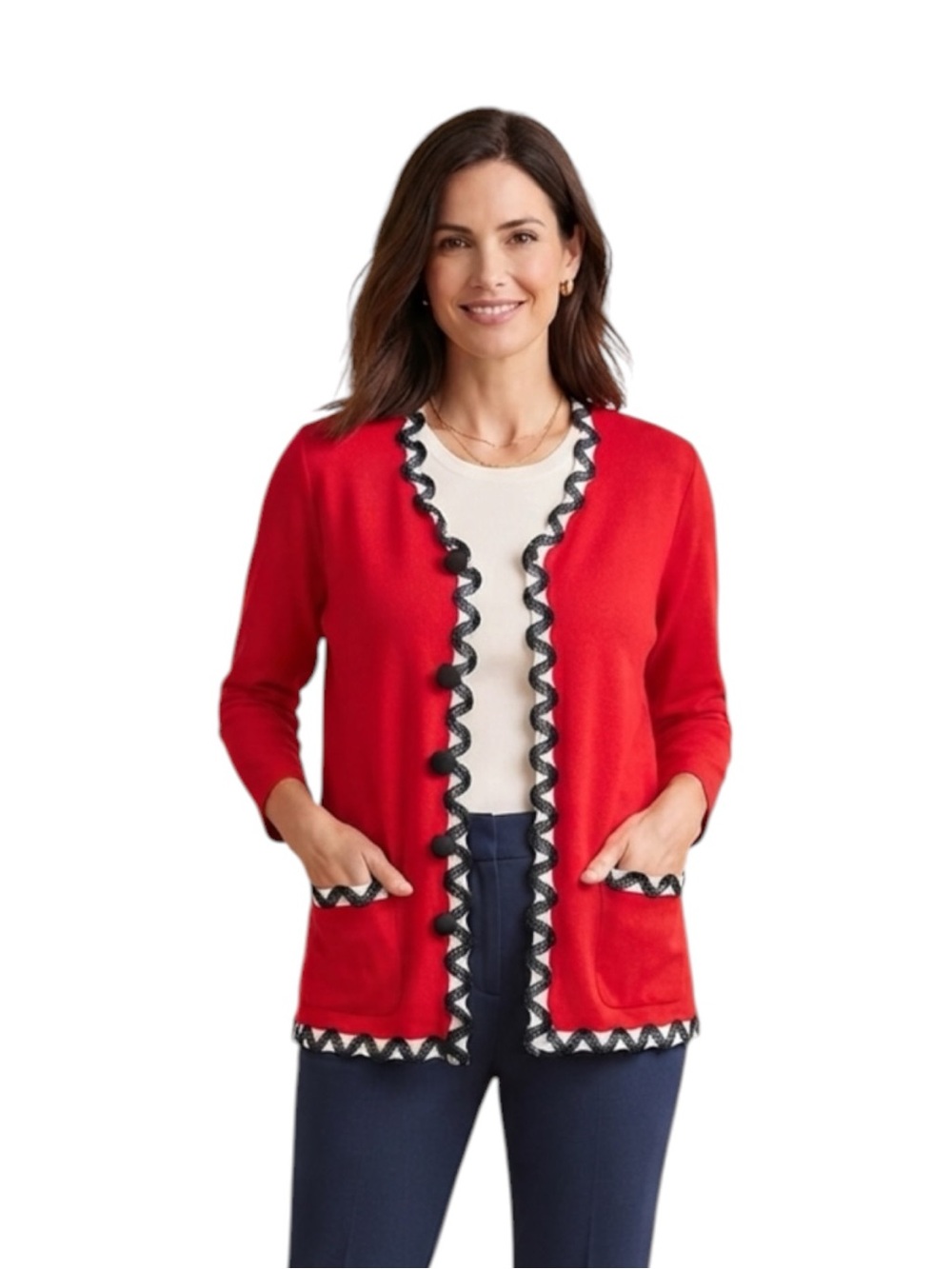 Outlander Vintage Red Open-Front Cardigan with Contrast Ruffle Trim Size M/L